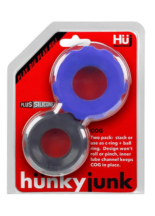 Hunkyjunk Cog Silicone Cock Ring - Assorted Colors/Black/Blue - 2 Pack