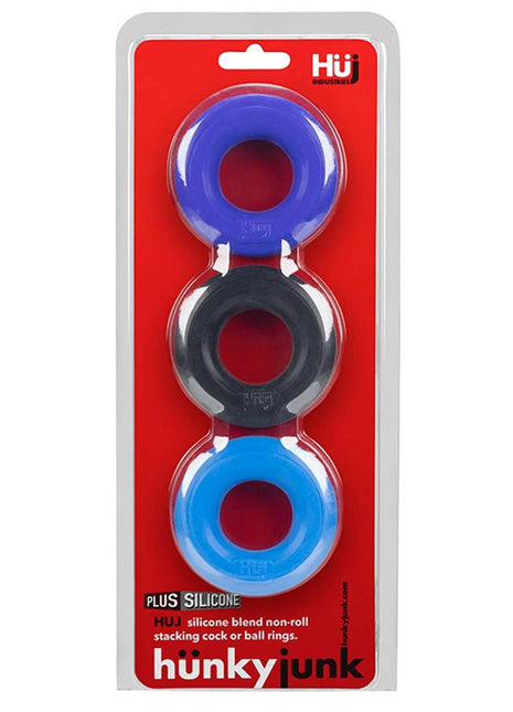 Hunkyjunk Huj3 Silicone C-Rings - Assorted Colors/Black/Blue/Teal - 3 Pack