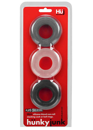Hunkyjunk Huj3 Silicone Cock Ring - Assorted Colors/Black/Clear/Gray - 3 Pack