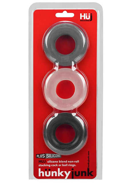 Hunkyjunk Huj3 Silicone Cock Ring - Assorted Colors/Black/Clear/Gray - 3 Pack