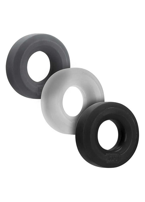 Hunkyjunk Huj3 Silicone Cock Ring - Assorted Colors/Black/Clear/Gray - 3 Pack