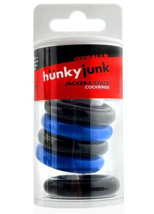 Hunkyjunk Jacker 5 Stack Super-Strong Cockrings - Black/Blue - 5 Pack