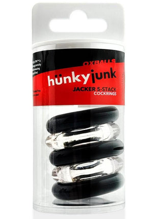 Hunkyjunk Jacker 5 Stack Super-Strong Cockrings - Black/Clear - 5 Pack