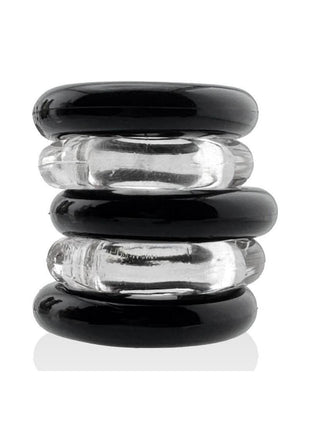 Hunkyjunk Jacker 5 Stack Super-Strong Cockrings - Black/Clear - 5 Pack