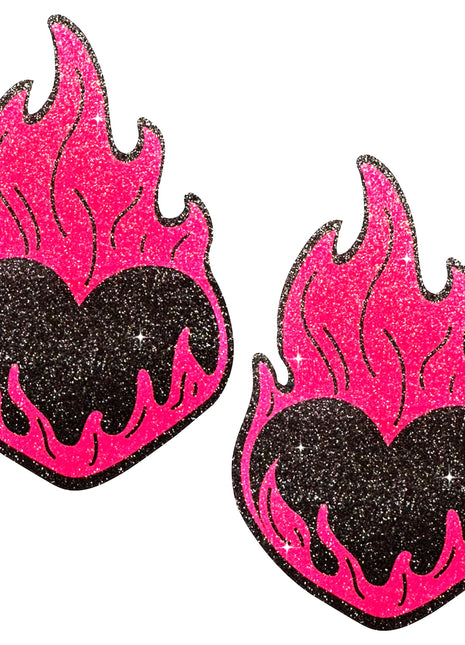 Neon Pink Flame Heart Glitter Pasties