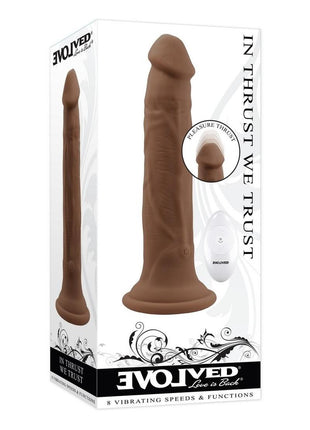 In Thrust We Trust Rechargeable Silicone Dildo with Remote - Chocolate