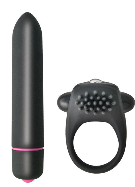 Intense Silicone Vibrating Cock Ring and Bullet - Black - Set