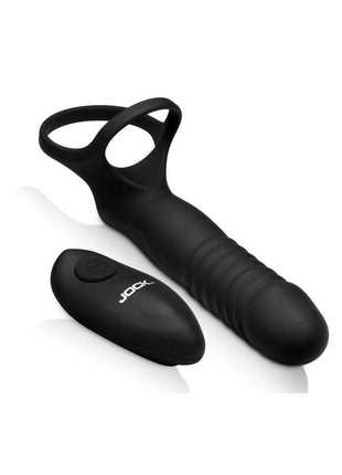 Jock Double Thrust Thrusting and Vibrating Double Penetration Rechargeable Silicone Cock Ring W/ Remote - Black