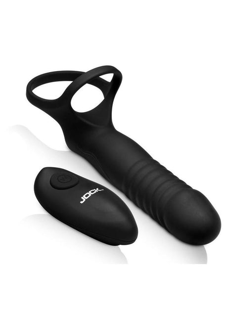 Jock Double Thrust Thrusting and Vibrating Double Penetration Rechargeable Silicone Cock Ring W/ Remote - Black