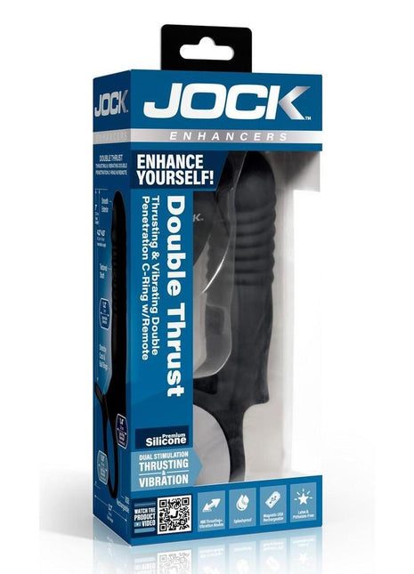 Jock Double Thrust Thrusting and Vibrating Double Penetration Rechargeable Silicone Cock Ring W/ Remote - Black