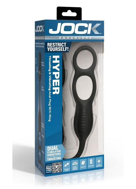 Jock Hyper Thrusting and Vibrating Rechargeable Silicone Anal Plug with C-Ring - Black