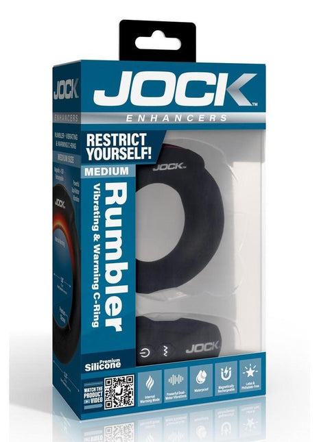 Jock Rumbler Vibrating and Warming Rechargeable Silicone C-Ring 1.8in with Remote - Black