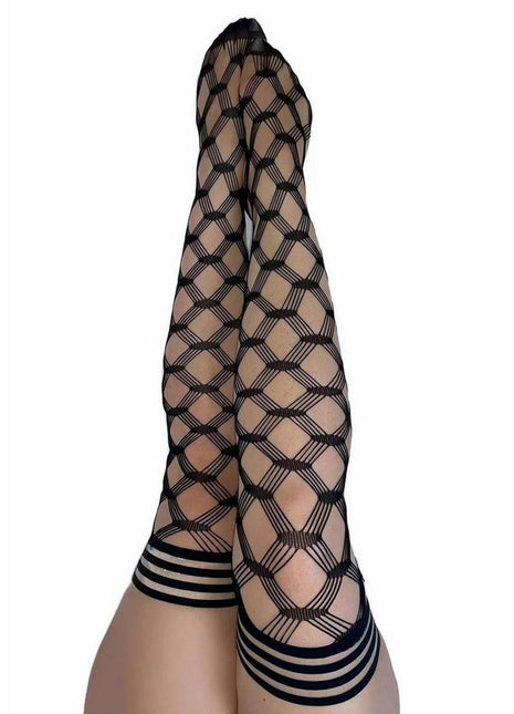 Kixies Cassandra Layered Fence Net Thigh Highs - Size C - Black - Large