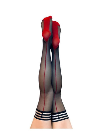 Kixies Ginny Sheer with Back Seamed Thigh Highs - Size A - Black/Red - Small