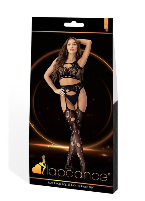 Lapdance Lingerie Crop Top and Garter Hose Set (2 Piece) - Os - Black