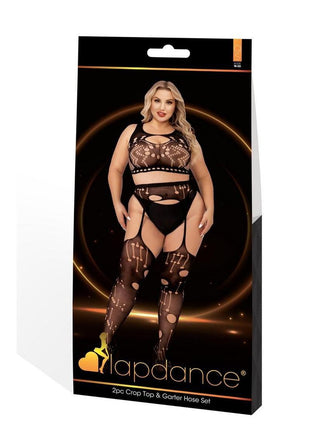 Lapdance Lingerie Crop Top and Garter Hose Set (2 Piece) - Queen Size - Black
