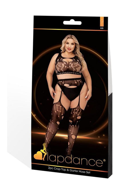 Lapdance Lingerie Crop Top and Garter Hose Set (2 Piece) - Queen Size - Black
