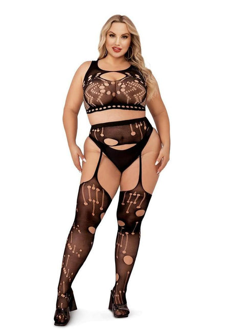 Lapdance Lingerie Crop Top and Garter Hose Set (2 Piece) - Queen Size - Black