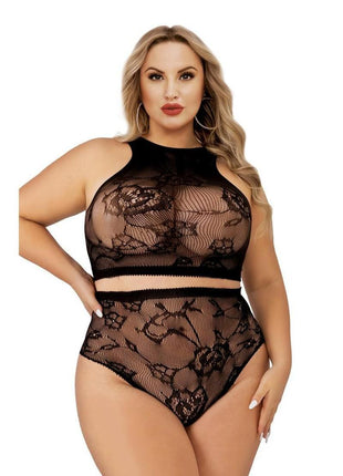 Lapdance Lingerie Crop Top and High Waist Hot Pants (2 Piece) - Queen Size - Black
