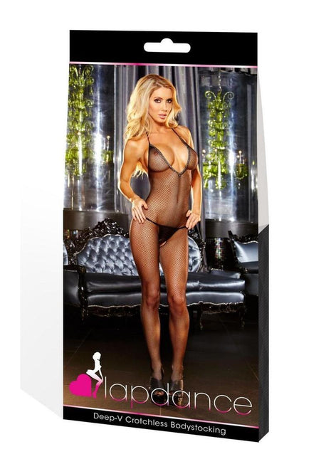 Lapdance Lingerie Deep V Crotchless Bodystocking - Os - Black