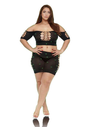Lapdance Lingerie Diamond Crop Top and Skirt Set (2 Piece) - Queen Size - Glow In The Dark