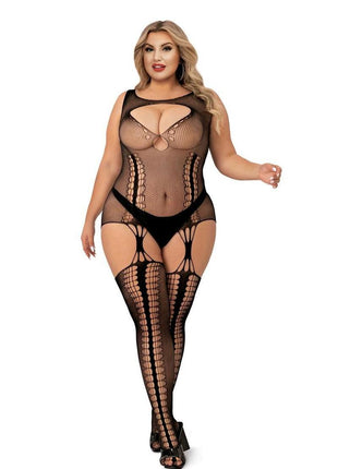 Lapdance Lingerie Keyhole Suspender Hose Bodystocking - Queen Size - Black
