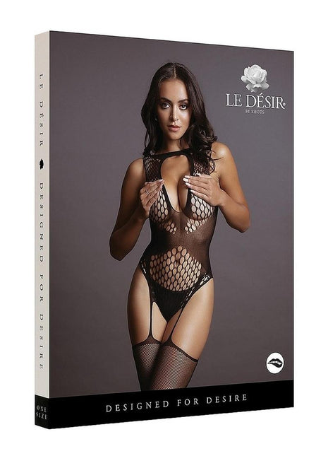 Le Desir Contrast Suspender Bodystocking - Black - One Size
