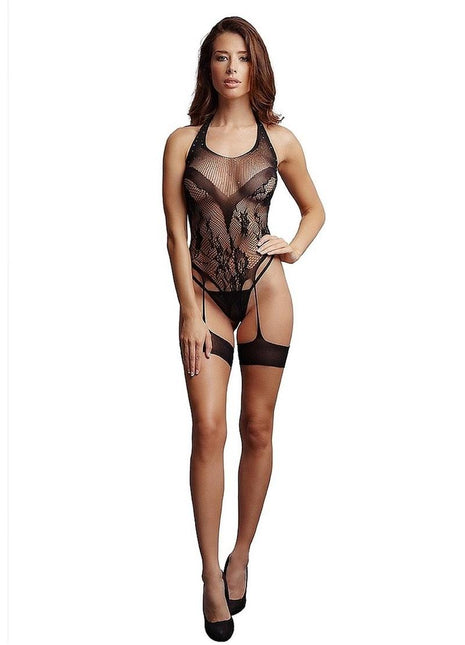 Le Desir Crotchless Rhinestone Halter Teddy - Black - One Size