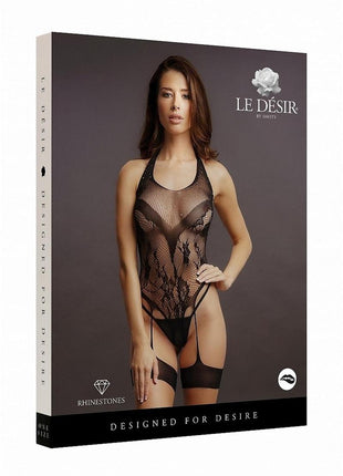 Le Desir Crotchless Rhinestone Halter Teddy - Black - One Size