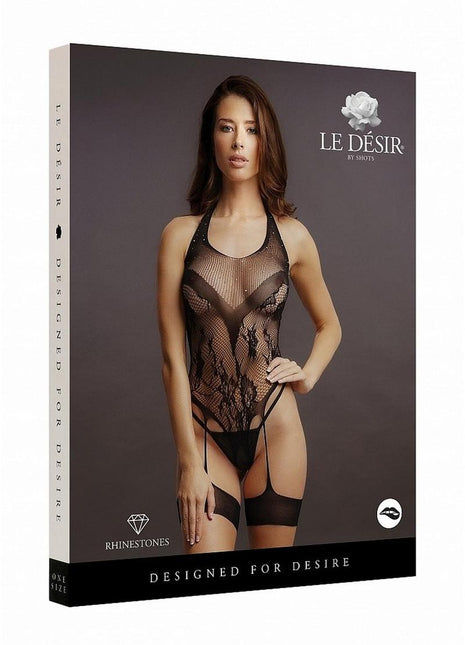 Le Desir Crotchless Rhinestone Halter Teddy - Black - One Size