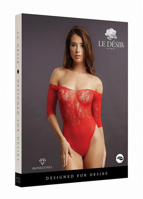 Le Desir Crotchless Rhinestone Teddy - Red - One Size