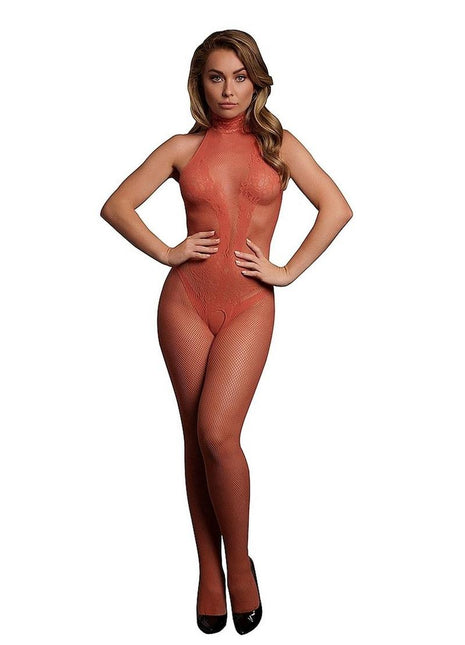 Le Desir Fishnet and Lace Bodystocking - One Size - Sunset Glow - Orange - One Size