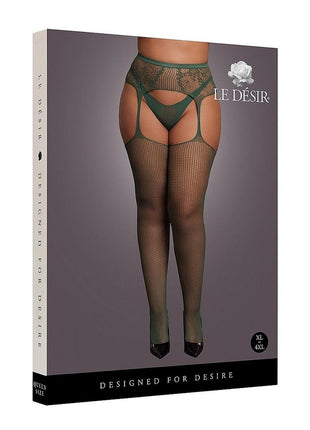 Le Desir Fishnet and Lace Garterbelt Stocking - Green - Queen