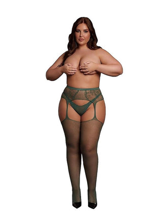 Le Desir Fishnet and Lace Garterbelt Stocking - Green - Queen