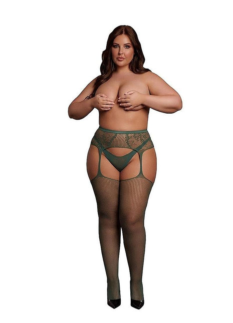 Le Desir Fishnet and Lace Garterbelt Stocking - Green - Queen