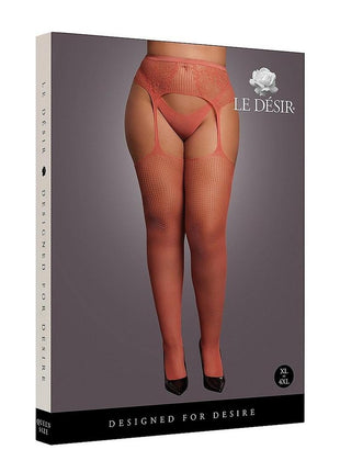 Le Desir Fishnet and Lace Garterbelt Stocking - Queen - Sunset Glow - Orange - Queen