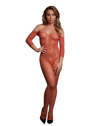Le Desir Lace Long Sleeved Bodystocking - One Size - Sunset Glow - Orange - One Size