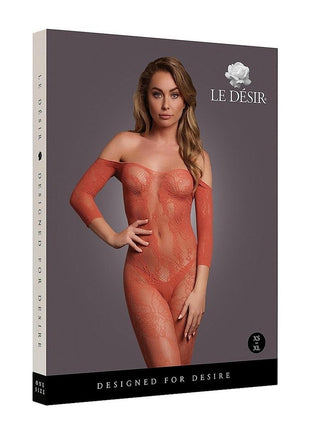 Le Desir Lace Long Sleeved Bodystocking - One Size - Sunset Glow - Orange - One Size
