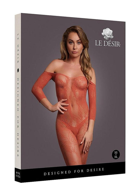 Le Desir Lace Long Sleeved Bodystocking - One Size - Sunset Glow - Orange - One Size