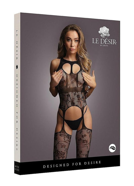 Le Desir Lace Suspender Bodystocking with Round Neck - Black - One Size