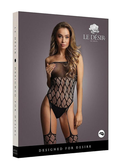 Le Desir Strapless Crotchless Teddy with Stocking - Black - One Size