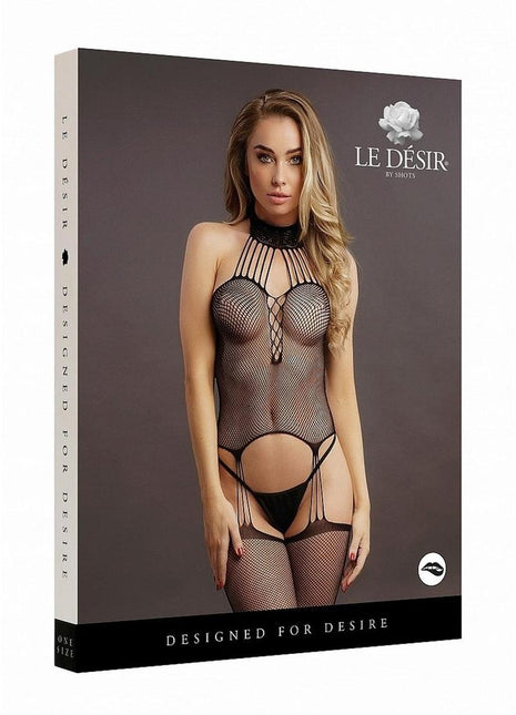 Le Desir Suspender Fishnet Choker Bodystocking - Black - One Size