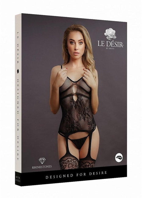 Le Desir Suspender Rhinestone Bodystocking - Black - One Size