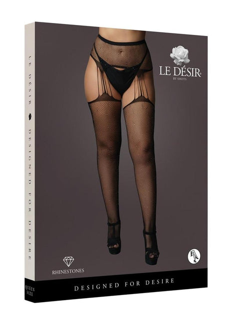 Le Desir Suspender Rhinestone Pantyhose - Black - Queen