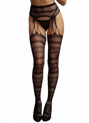 Le Desir Suspender Striped Pantyhose - Black - One Size
