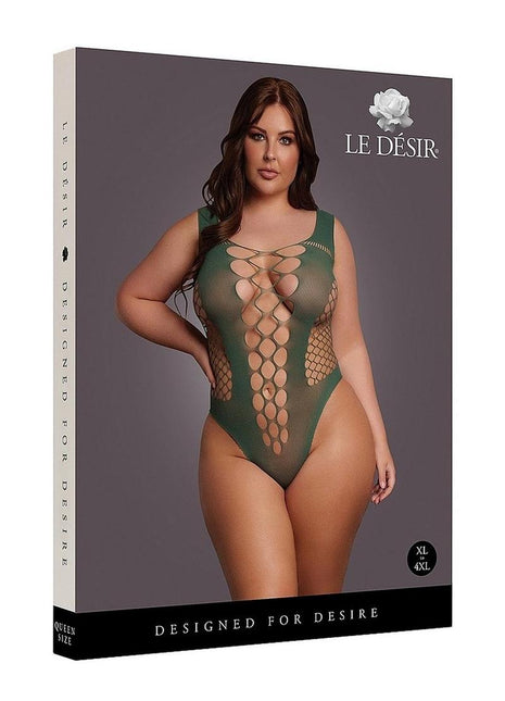 Le Desir V-Neck Teddy with Opaque Panels - Green - Queen