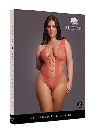 Le Desir V-Neck Teddy with Opaque Panels - Queen - Sunset Glow - Orange/Red - Queen