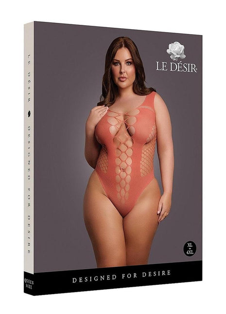 Le Desir V-Neck Teddy with Opaque Panels - Queen - Sunset Glow - Orange/Red - Queen