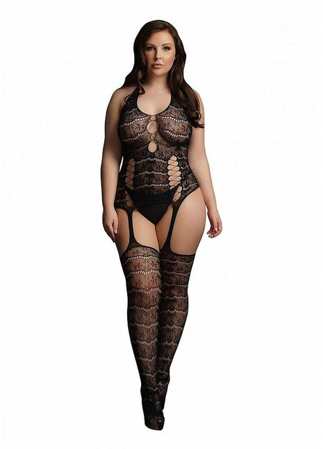 Le Desire Lace Suspender Bodystocking - Black - Queen