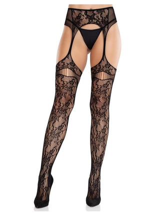 Leg Avenue Bloom Net Stockings with Cut-Out Thigh Detail and Attached Garter Belt - Black - One Size